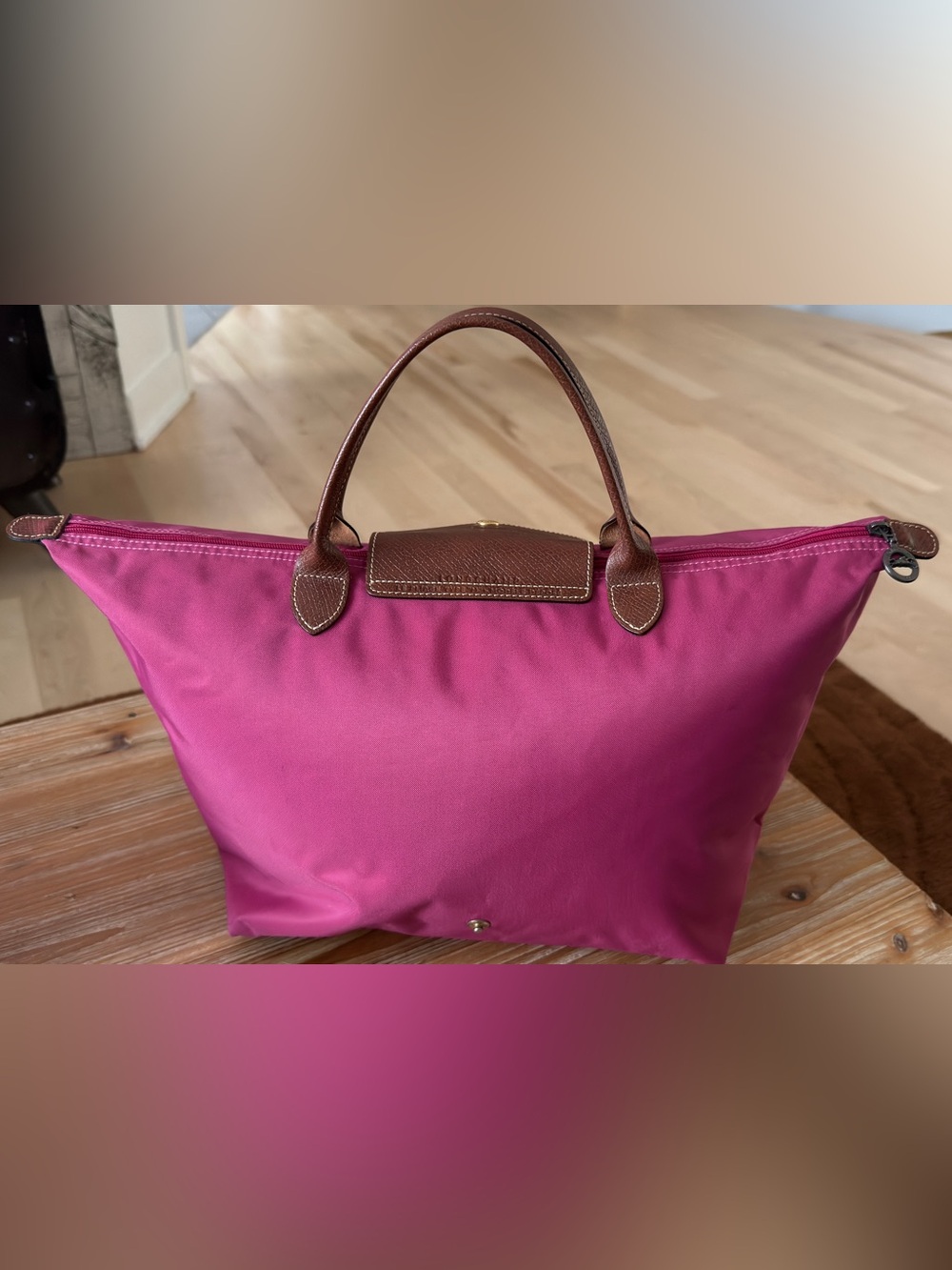 Longchamp Pink Nylon Tote with Brown Leather Trim - Picture 2 of 6